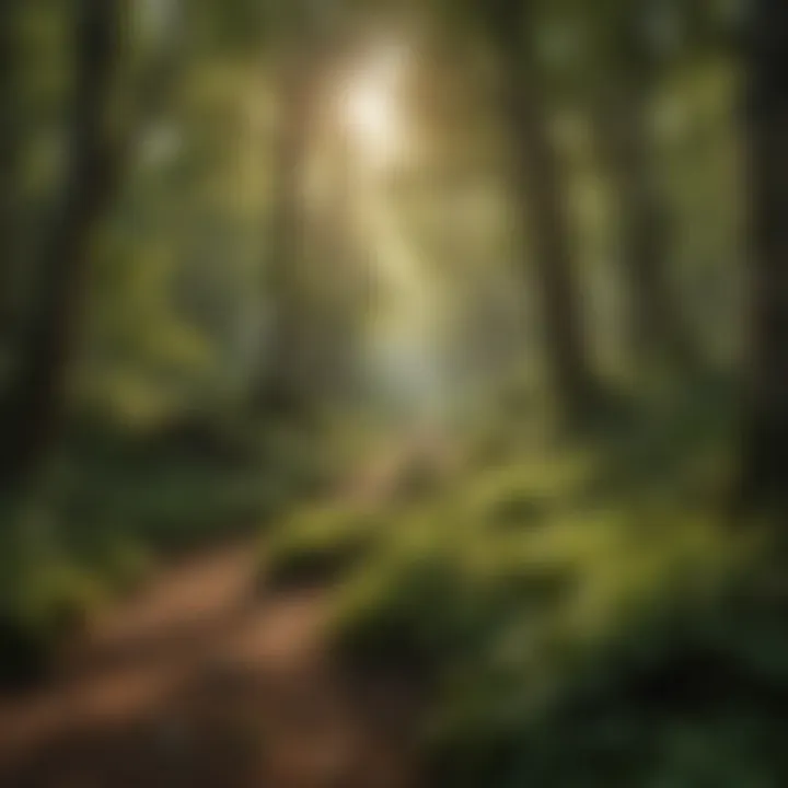 A serene woodland landscape with rich foliage and sunlight filtering through the trees