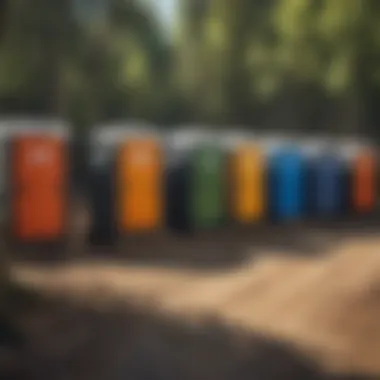 Different types of R&R portable toilets lined up at a construction site