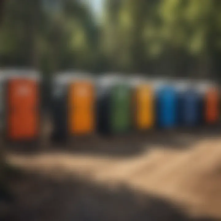 Different types of R&R portable toilets lined up at a construction site
