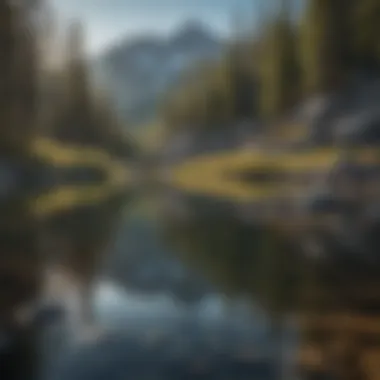 Alpine lake reflecting the surrounding forest and mountains