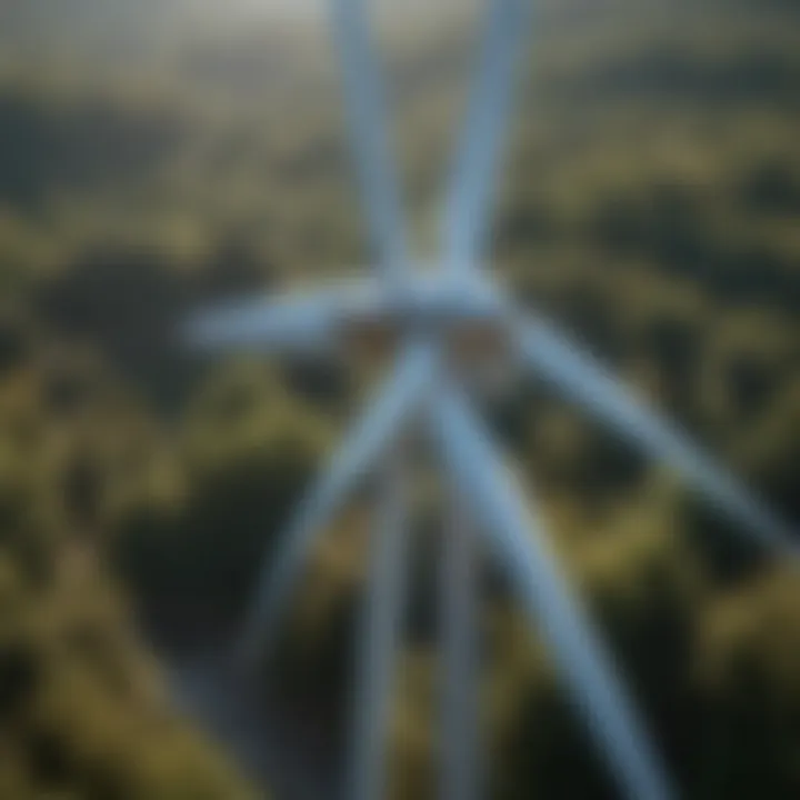 A wind turbine in a clear sky representing renewable energy.