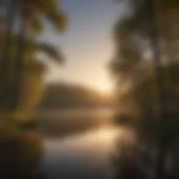 A serene lakeside view at sunset with silhouettes of trees reflecting on the water