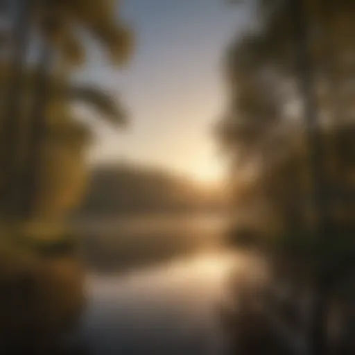 A serene lakeside view at sunset with silhouettes of trees reflecting on the water