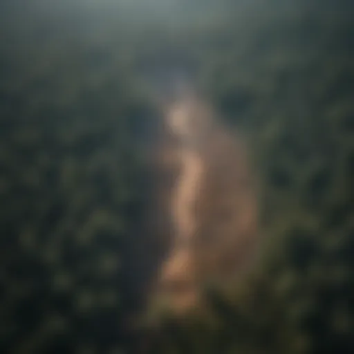 Aerial view of a deforested area showcasing the stark contrast between cleared land and remaining forest.