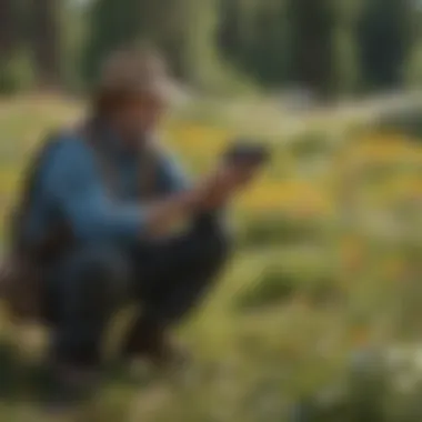 A conservationist examining Western wildflowers in their natural habitat, highlighting conservation efforts.