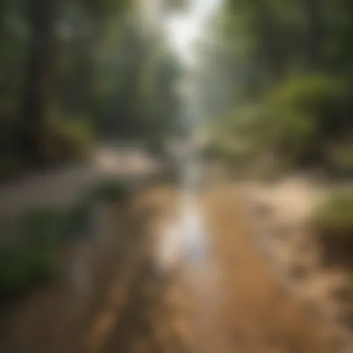 A panoramic view of a sand river ecosystem showcasing diverse flora and fauna.