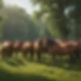 A wild horse herd grazing in a lush green meadow, showcasing natural behavior.