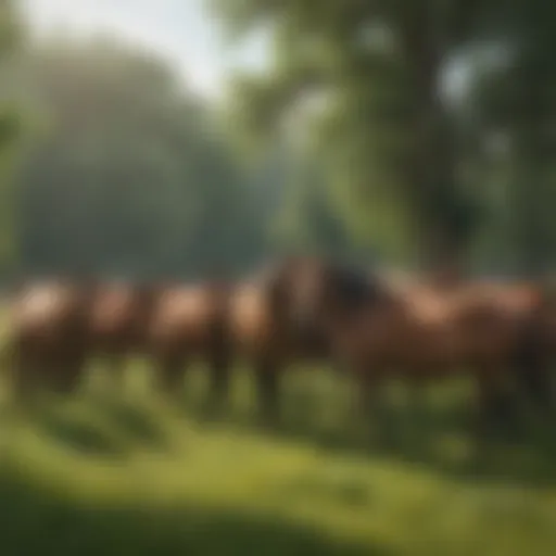 A wild horse herd grazing in a lush green meadow, showcasing natural behavior.