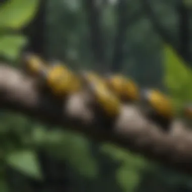 A group of black and yellow striped bugs on a branch