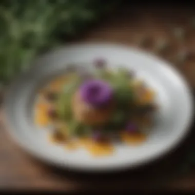 A beautifully plated dish featuring edible thistle components, elegantly arranged.