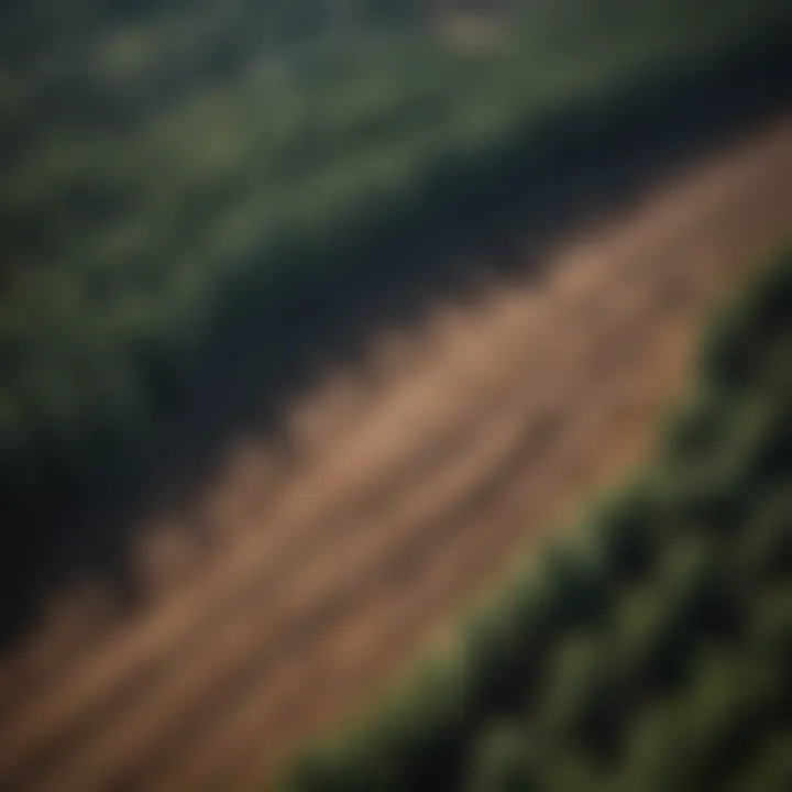 Aerial view of deforested land showing soil erosion