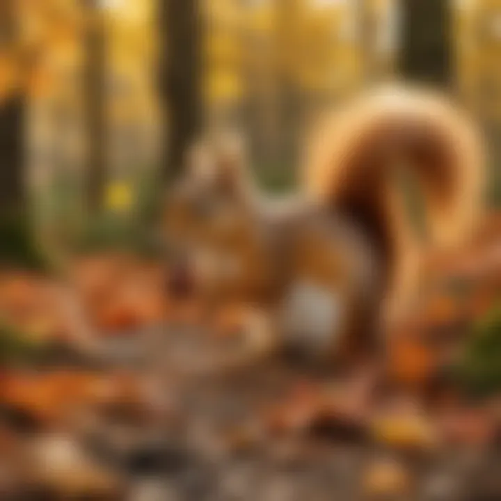 Golden squirrels foraging on the forest floor surrounded by autumn leaves