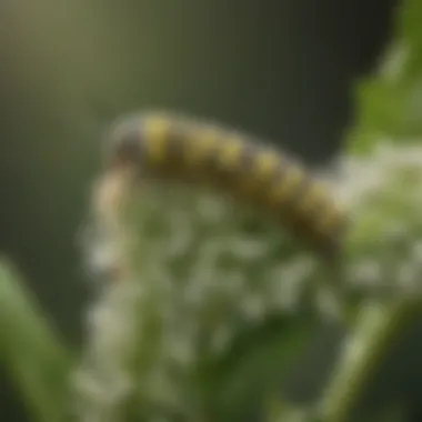 Caterpillar of a monarch butterfly feeding on milkweed