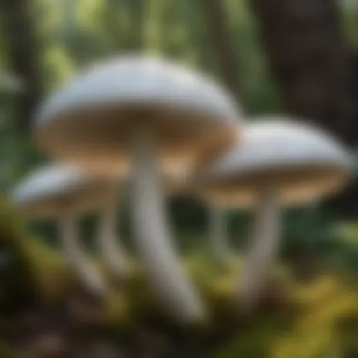 Close-up view of edible white mushrooms growing in a garden setting