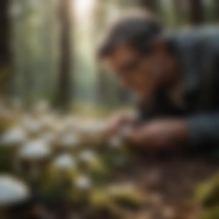 A person examining white mushrooms in the forest