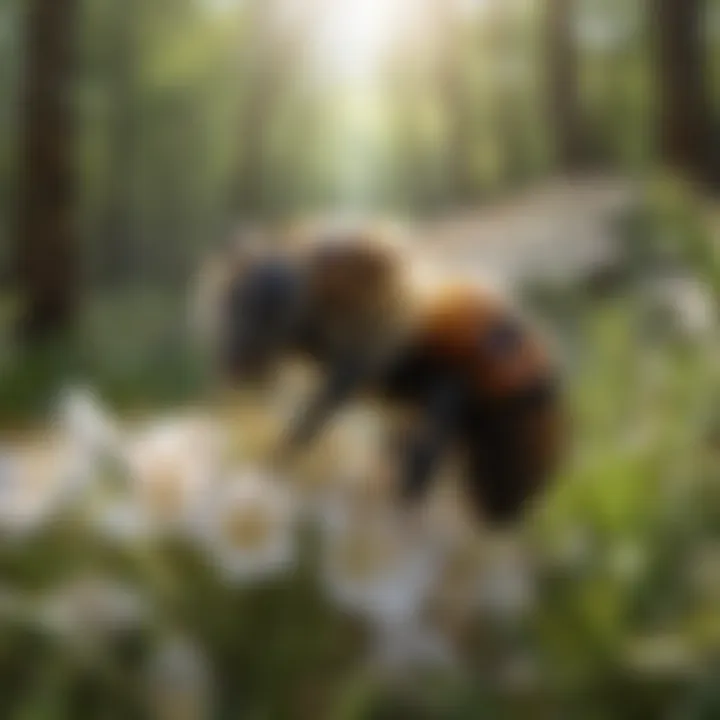 Close-up of Osmia bees pollinating a flowering plant in a forest