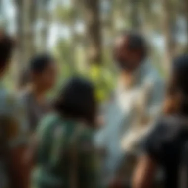 Community Engagement in Herbal Medicine Medicinal herbalist engaging with community members in a forest