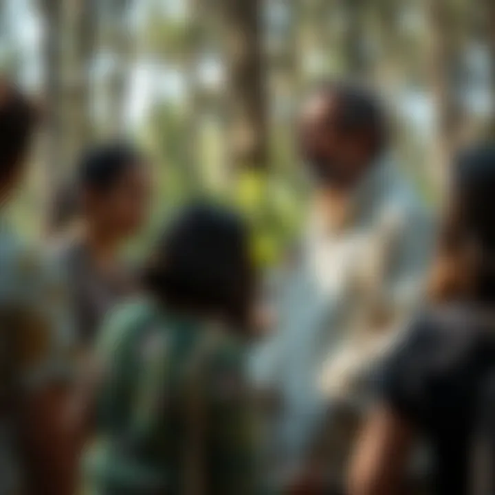 Community Engagement in Herbal Medicine Medicinal herbalist engaging with community members in a forest