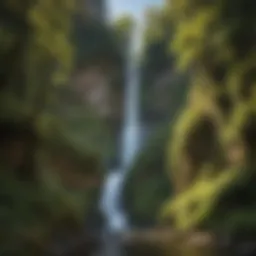 A breathtaking view of Multnomah Falls cascading down rocky cliffs surrounded by lush greenery.