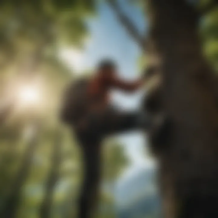 A climber ascending a tree using advanced techniques and equipment