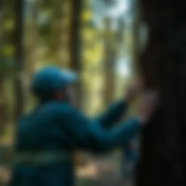 Assessing the Condition of Tree Bark Forestry professional assessing tree bark condition in a woodland