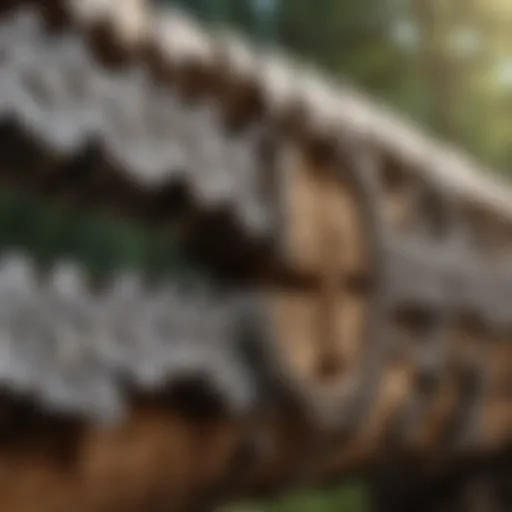 Close-up view of a crosscut chainsaw chain showcasing its teeth and design.