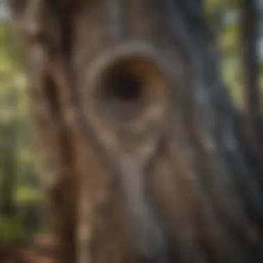 A close-up view of a dead tree highlighting its decayed bark and fragile branches