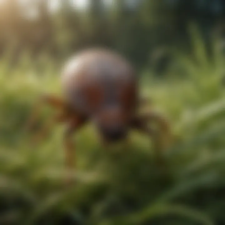 Close-up of a tick crawling on grass