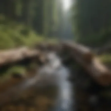 A dense log jam in a serene forest stream, showcasing natural wood accumulation