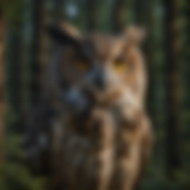 An owl in a forest setting, emphasizing its large eyes and distinctive features.