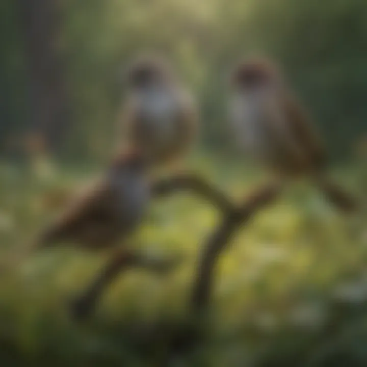 A group of sparrows interacting in a meadow, highlighting their social behavior.