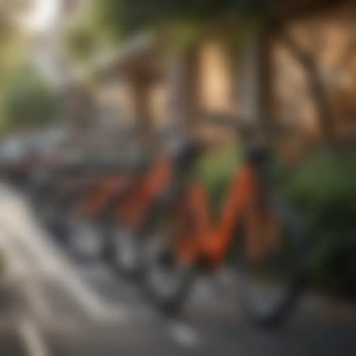 A group of open electric bikes in a vibrant city environment