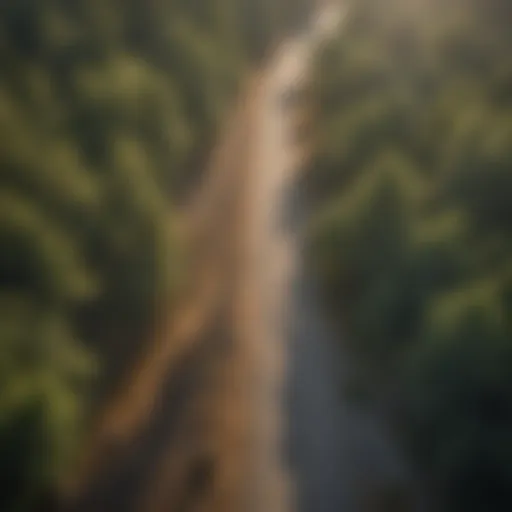 Aerial view of a gravel road winding through a forest