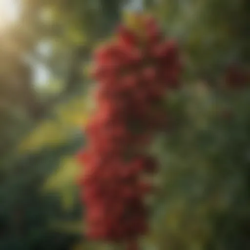 A close-up view of the Toyon tree's vibrant red berries against green foliage.