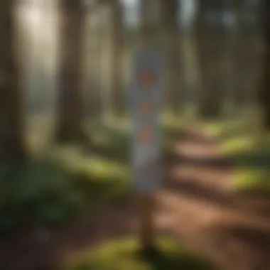A close-up view of trail markers guiding visitors through a woodland area