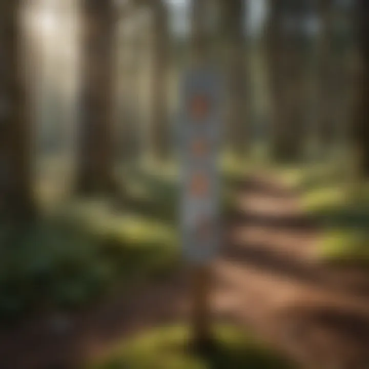 A close-up view of trail markers guiding visitors through a woodland area
