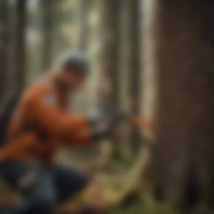 Forest steward using a tree marking paint gun