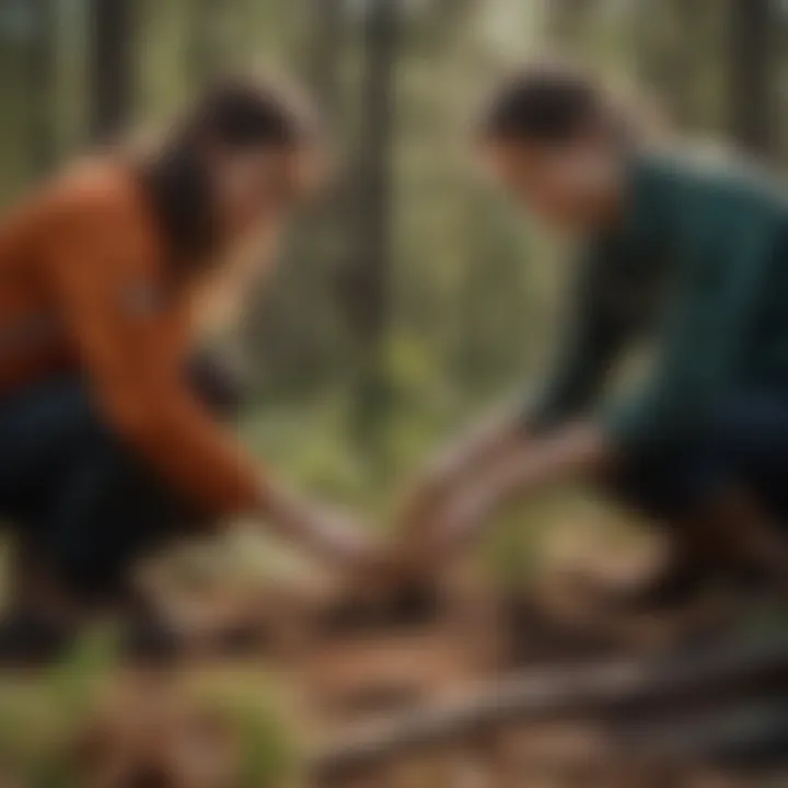 Volunteers planting trees in a forest with pins visible on their attire