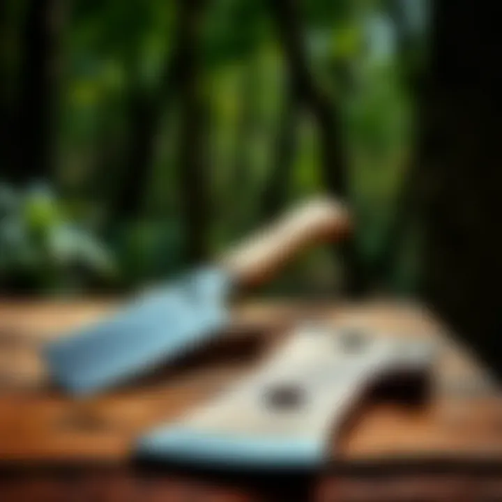 A well-maintained hatchet resting on a wooden surface