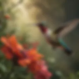 A hummingbird hovering near a vibrant flower