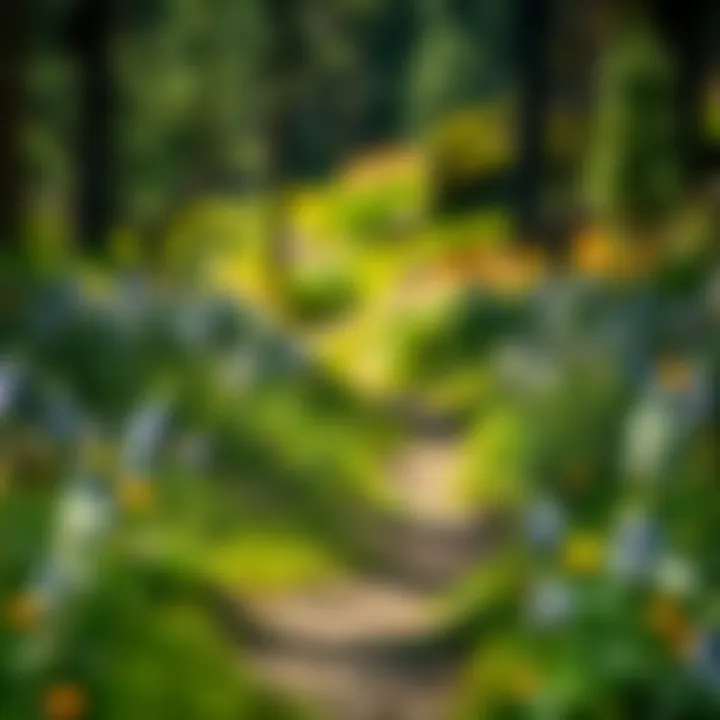 Hiking Trail Through Wildflowers A hiking trail leading through vibrant wildflowers and lush greenery